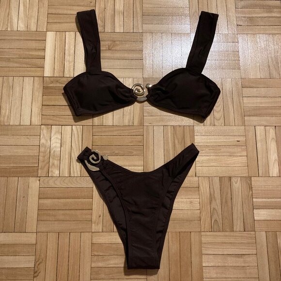 Brown Bikini Swimwear Set with Gold Metal Detail - Picture 2 of 4